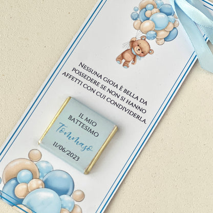 Segnaposto Battesimo con Cioccolatino – Orsetto & Palloncini – Personalizzato con Nome, Data e Frase