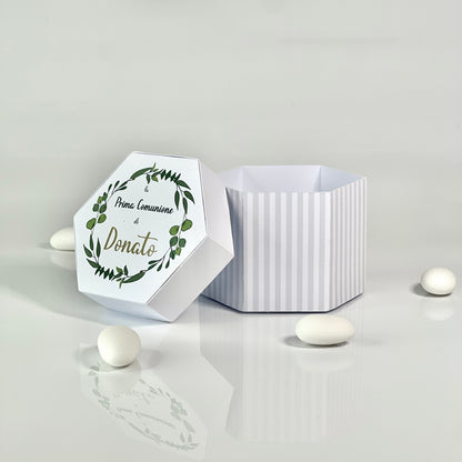 Scatolina Esagonale Personalizzata – Prima Comunione / Cresima – Box per Confetti o Regalo – Grafica Verde – 7x7x5 cm