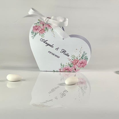 Scatolina Portaconfetti Cuore Matrimonio Personalizzata • Bomboniera Sposi • 5 Grafiche Floreali • Fiocco in Raso • Per 5 Confetti