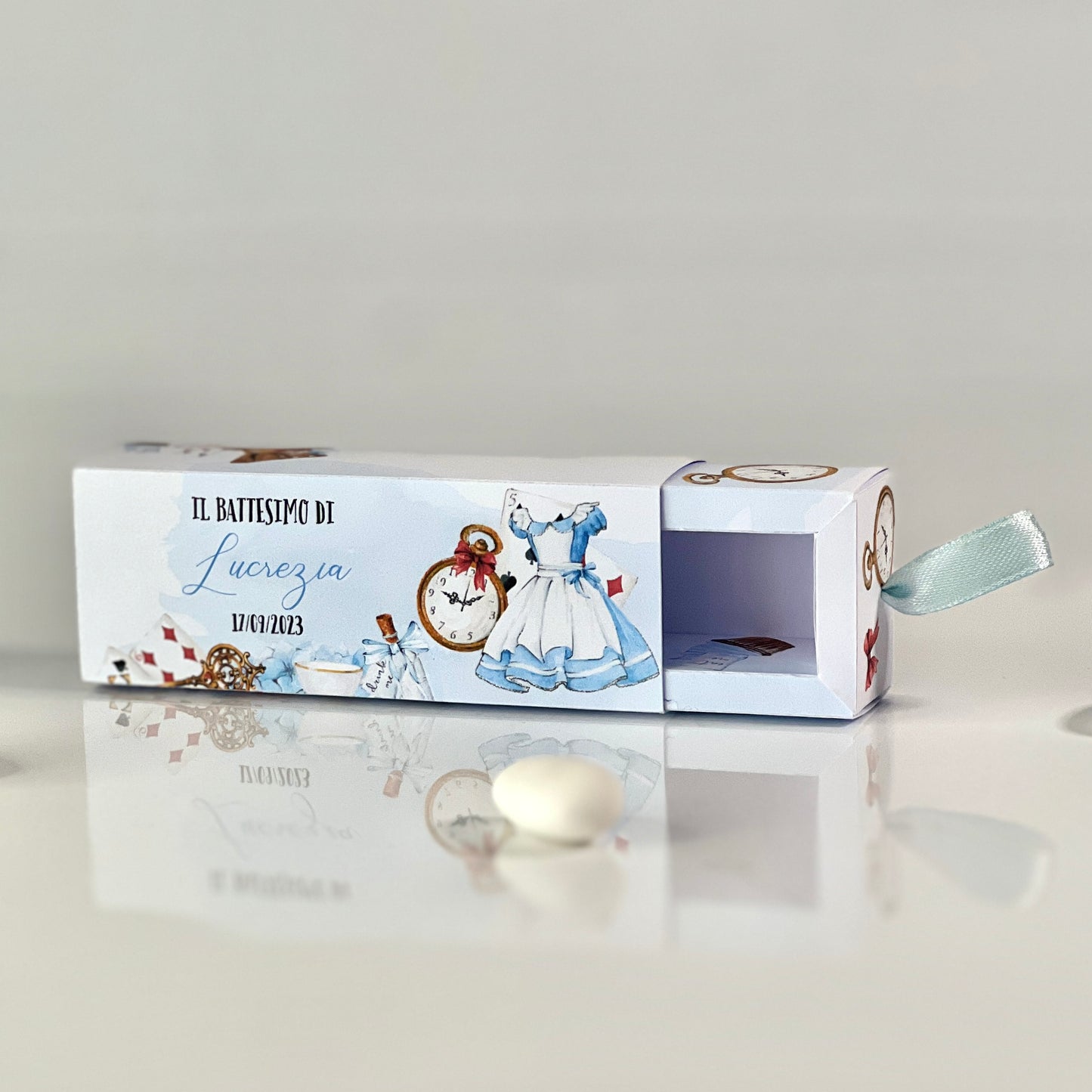 Scatolina a Cassetto Battesimo – Grafica Alice o Floreale Rosa – Personalizzata con Nome & Data - Bomboniera Battesimo