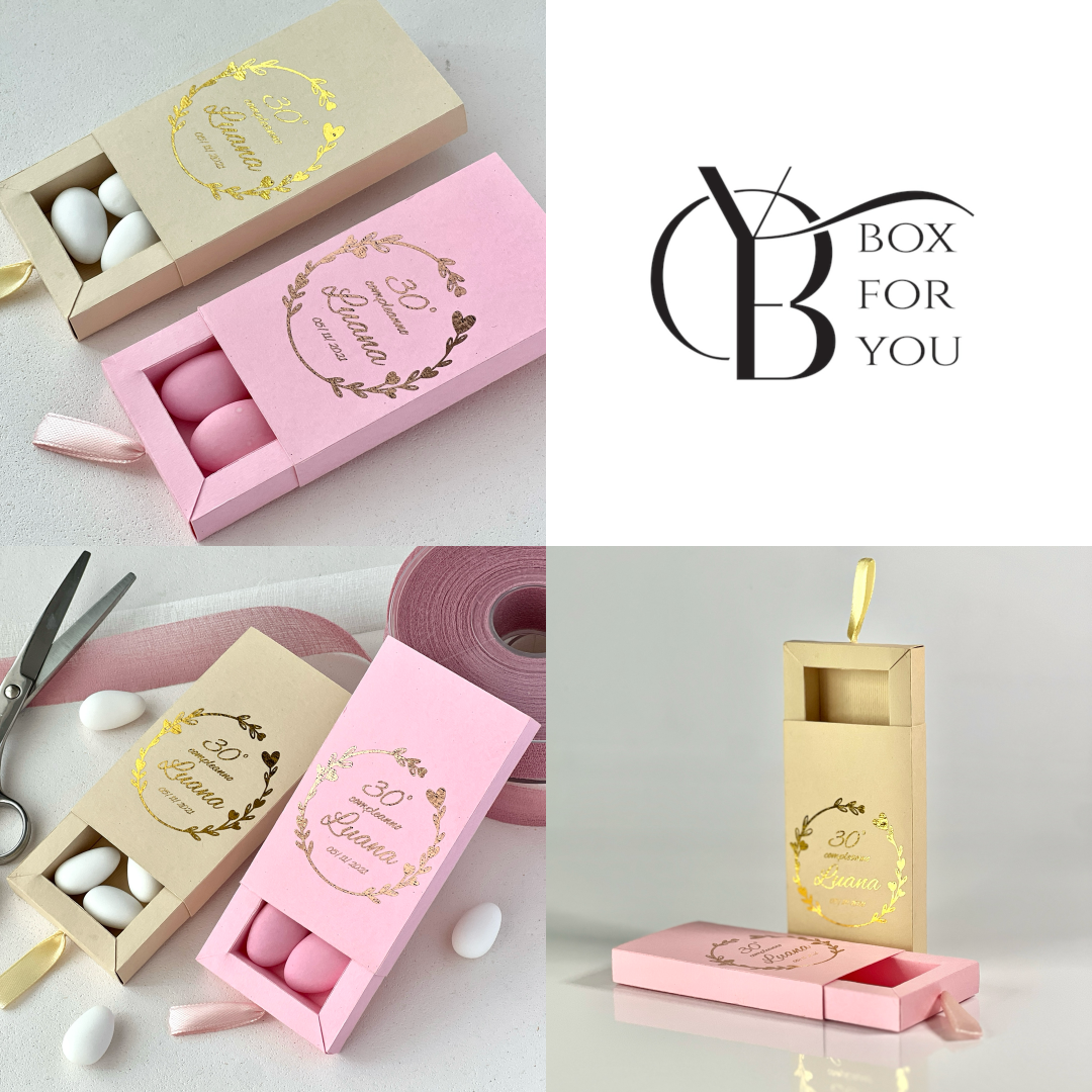 Scatolina a Cassetto con Foil Oro – Varianti Rosa o Beige – Personalizzata per Compleanno Elegante - Bomboniera Personalizzata