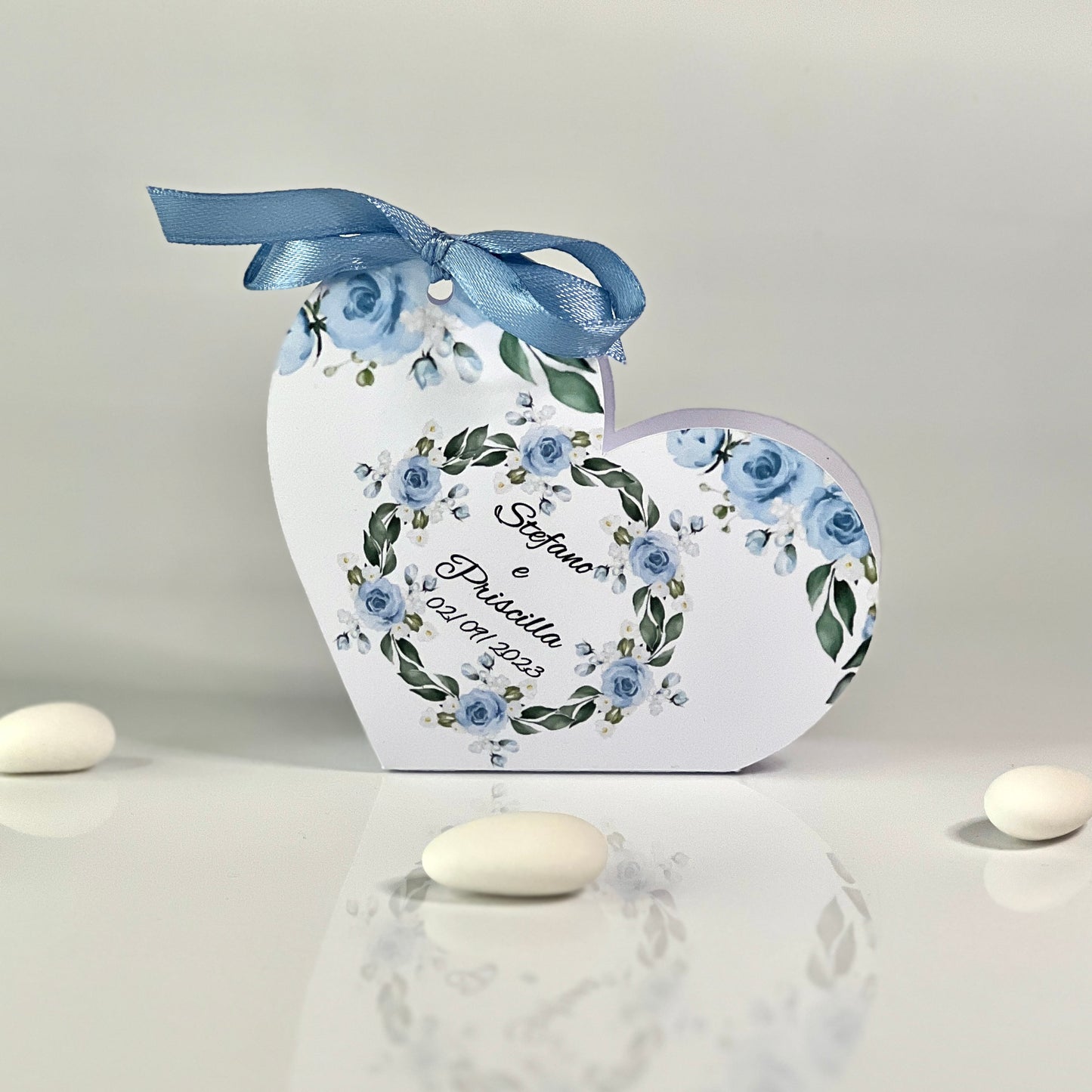 Scatolina Portaconfetti Cuore Personalizzata • Bomboniera Matrimonio/Comunione/Battesimo • 5 Grafica Florali • Fiocco in Raso • 5 Confetti