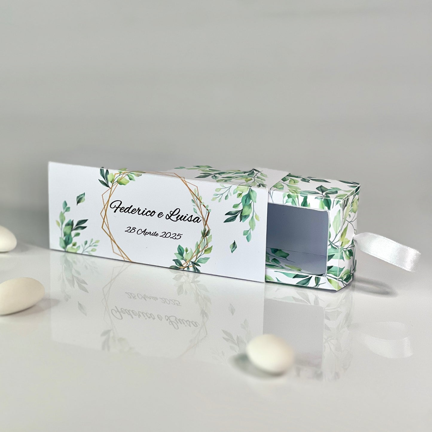 Scatolina Portaconfetti a Cassetto – Grafica Foglie Green – Personalizzata con Nomi & Data - Bomboniera Matrimonio