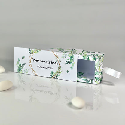 Scatolina Portaconfetti a Cassetto – Grafica Foglie Green – Personalizzata con Nomi & Data - Bomboniera Matrimonio