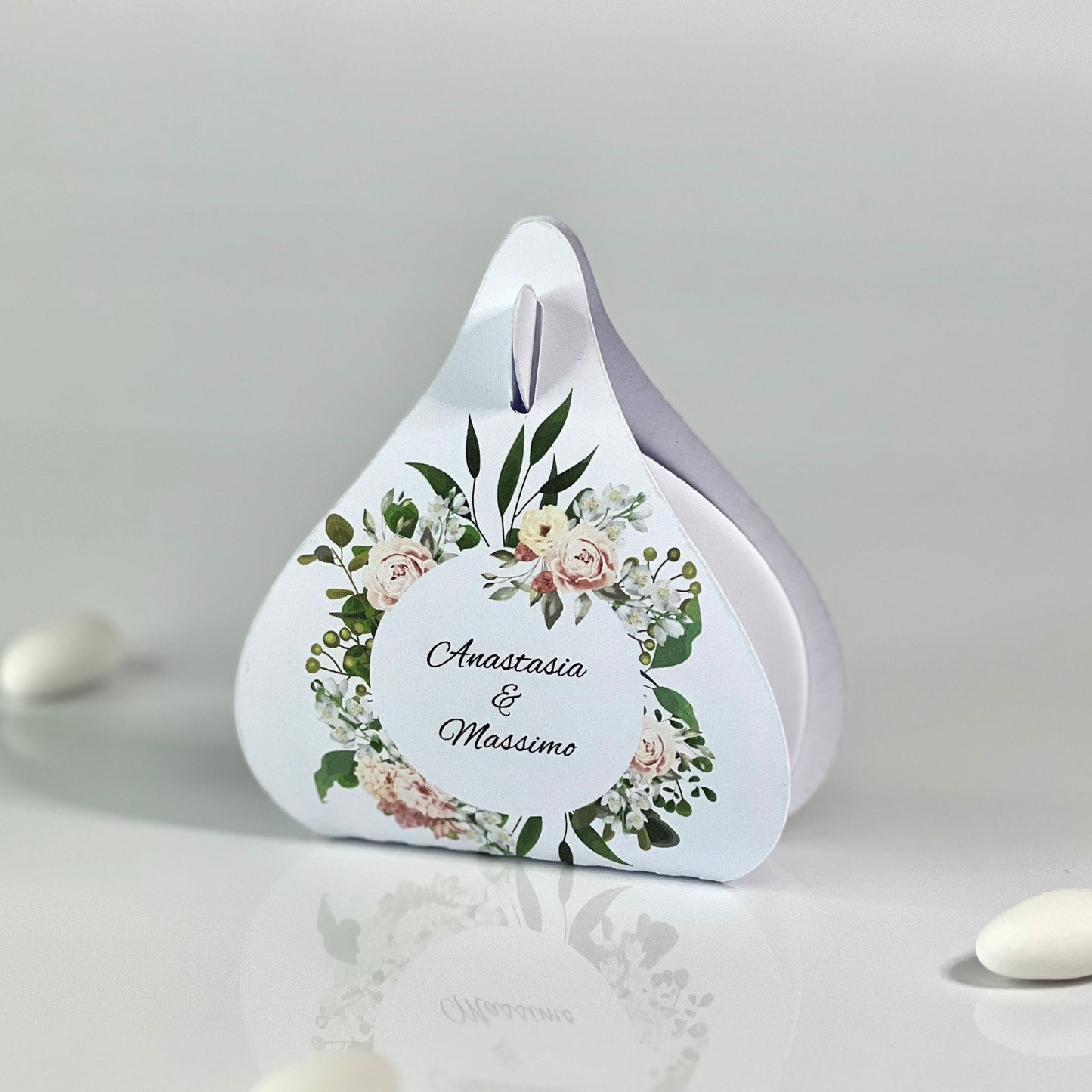 Scatolina Portaconfetti a Goccia – Grafica Floreale Elegante – Personalizzata con Nomi & Data - Bomboniera Matrimonio