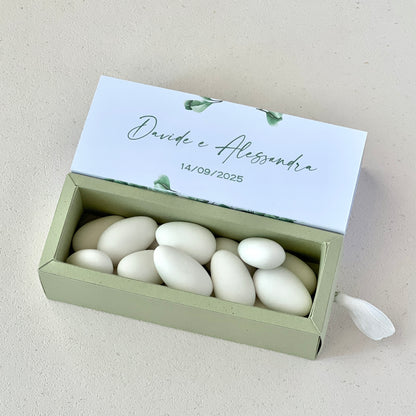 Scatolina Matrimonio Green Sage – 10×3×3 cm Interno in Cartoncino Riciclato Verde Salvia | Personalizzata | Bomboniera Personalizzata