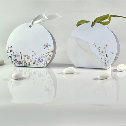 Scatolina Portaconfetti Rotonda Matrimonio Personalizzata Floreale Giallo o Colorato • Bomboniera Sposi • Fiocco in Raso •