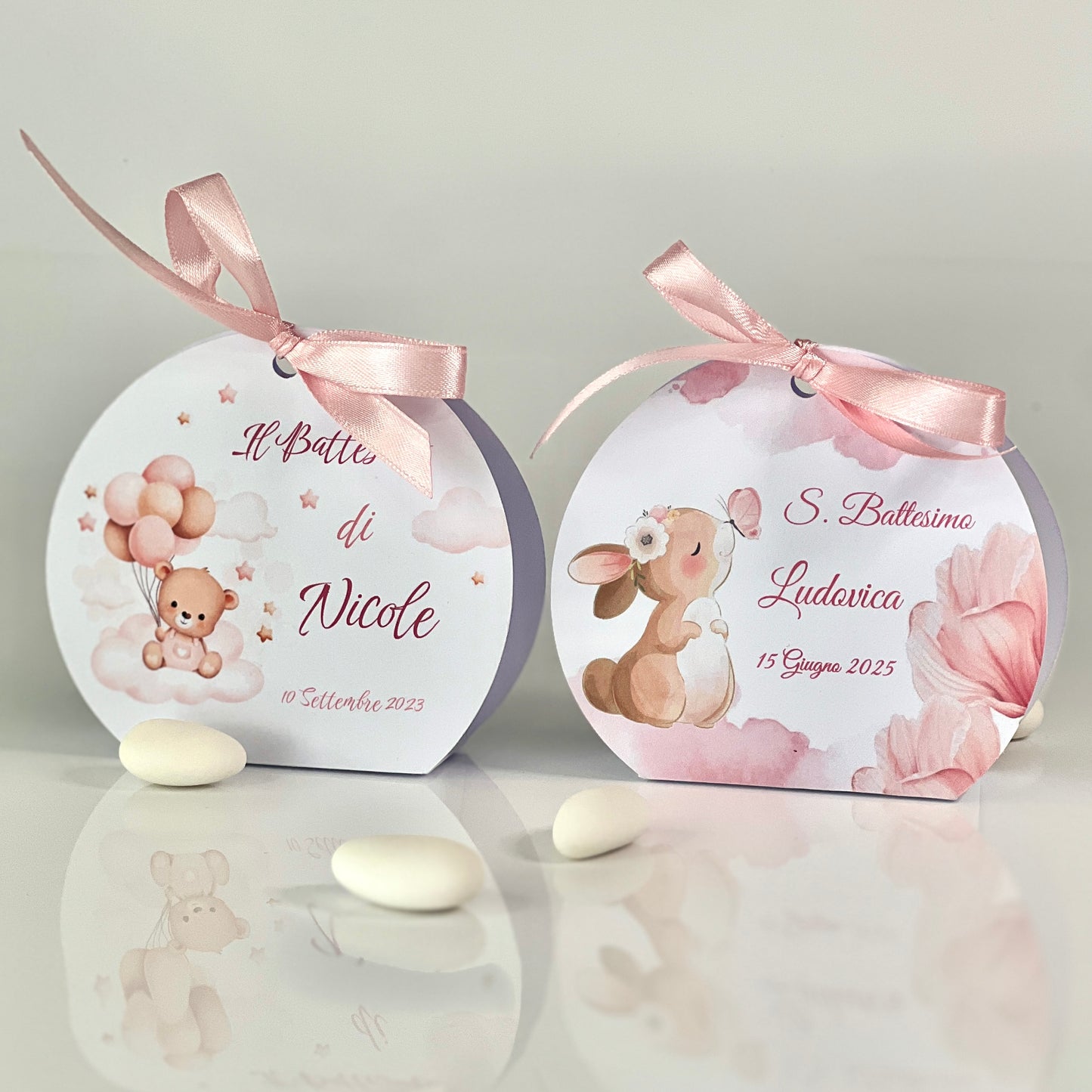 Scatolina Battesimo Rosa – Bomboniera Personalizzata con Coniglietta o Orsetto Perfetta per 5 Confetti - Porta confetti Rotonda rosa