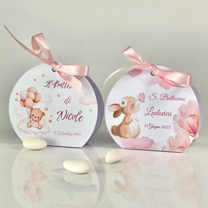Scatolina Battesimo Rosa – Bomboniera Personalizzata con Coniglietta o Orsetto Perfetta per 5 Confetti - Porta confetti Rotonda rosa