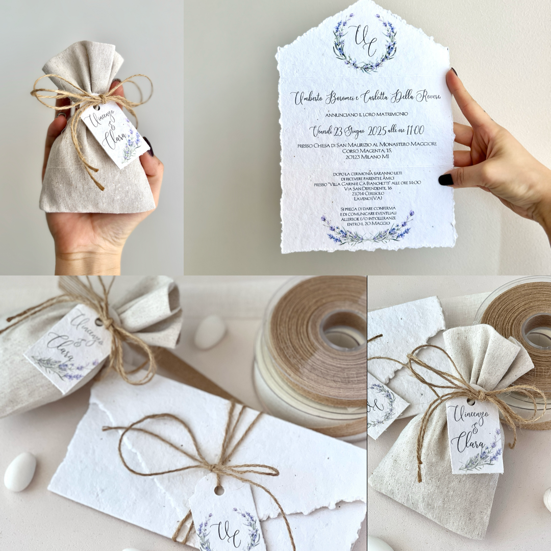 Sacchetto Bomboniera in Stoffa con Tag in Carta Piantabile – Personalizzato – Nastro in Canapa – Matrimonio Eco Chic