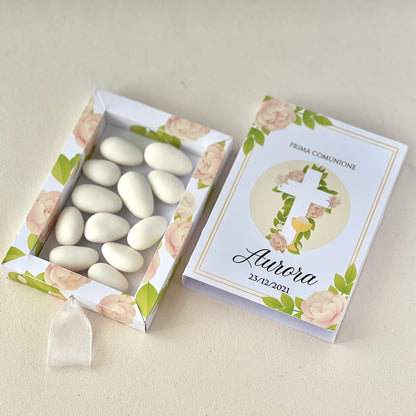 Scatolina Prima Comunione Personalizzata – Box 10×6×1.5 cm con Croce e Fiori – Perfetta per 10/15 Confetti o Regalo