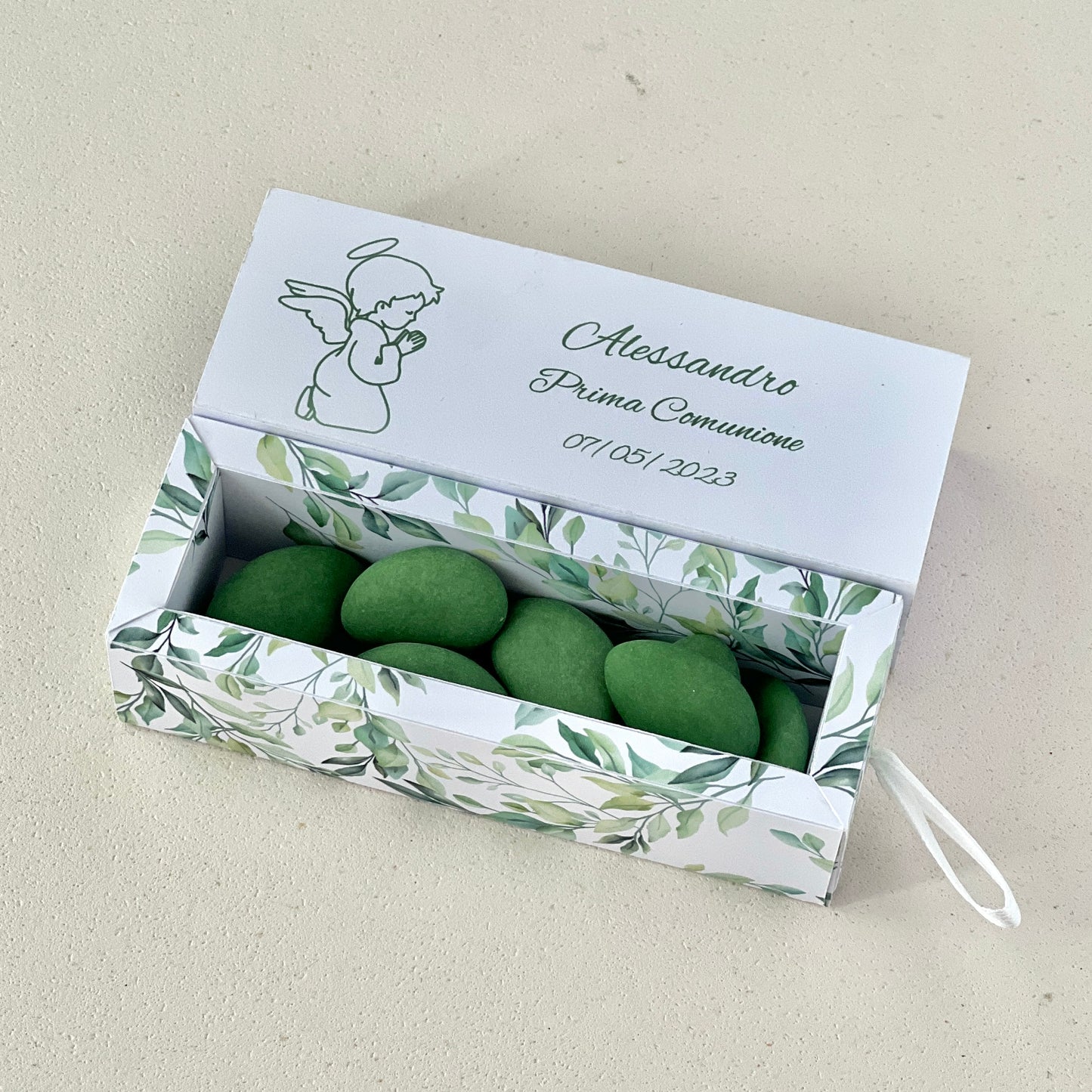 Scatolina Porta Confetti Comunione Personalizzata – Box con Angioletto – Grafica Verde – Bomboniera Bambino