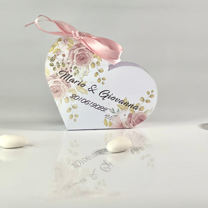Scatolina Portaconfetti Cuore Matrimonio Personalizzata • Bomboniera Sposi • 5 Grafiche Floreali • Fiocco in Raso • Per 5 Confetti