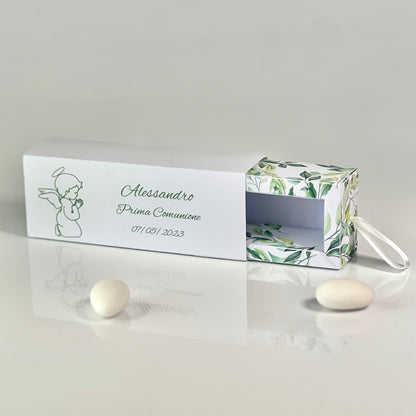 Scatolina Porta Confetti Comunione Personalizzata – Box con Angioletto – Grafica Verde – Bomboniera Bambino