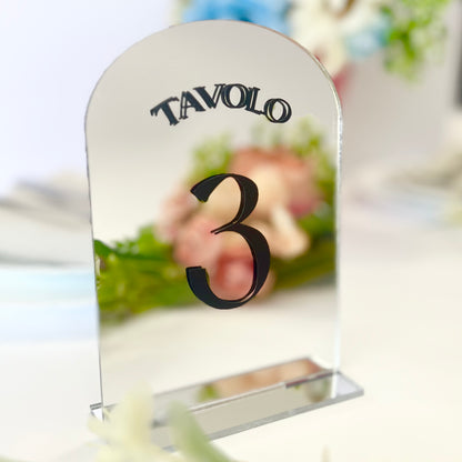 Segnatavolo per Matrimonio o altro, plexiglass specchio, personalizzazione vinile nero.