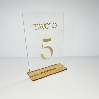 Segnatavolo per Matrimonio o altro, plexiglass trasparente, personalizzazione vinile oro.