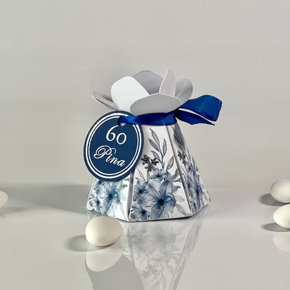 Scatolina Floreale a Fiore – Elegante Blu & Argento – Personalizzata per Compleanni, Anniversari ed Eventi - Bomboniera personalizzata
