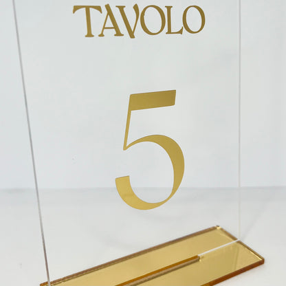 Segnatavolo per Matrimonio o altro, plexiglass trasparente, personalizzazione vinile oro.