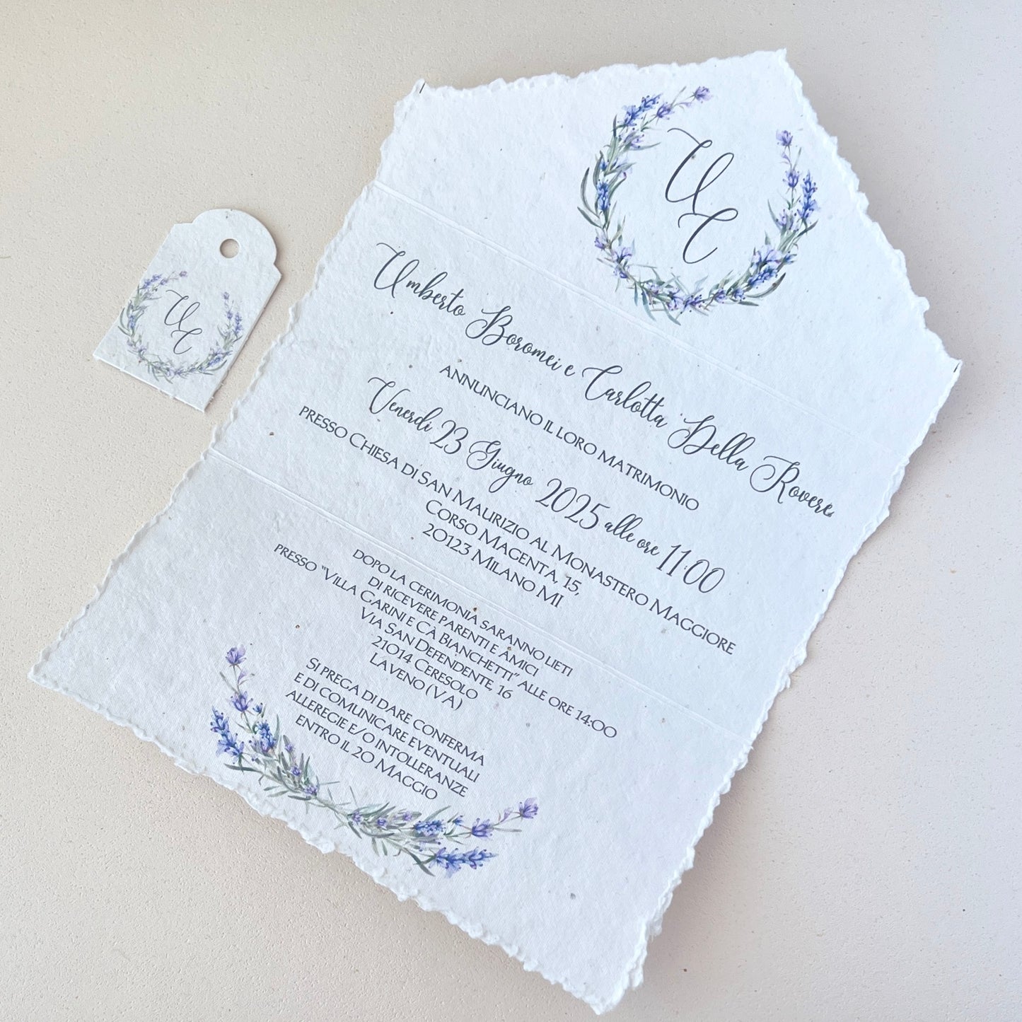 Invito Matrimonio in Carta Piantabile – Stile Rustico Elegante – Personalizzato con Nomi, Testo e Grafica – Carta Riciclata Artigianale
