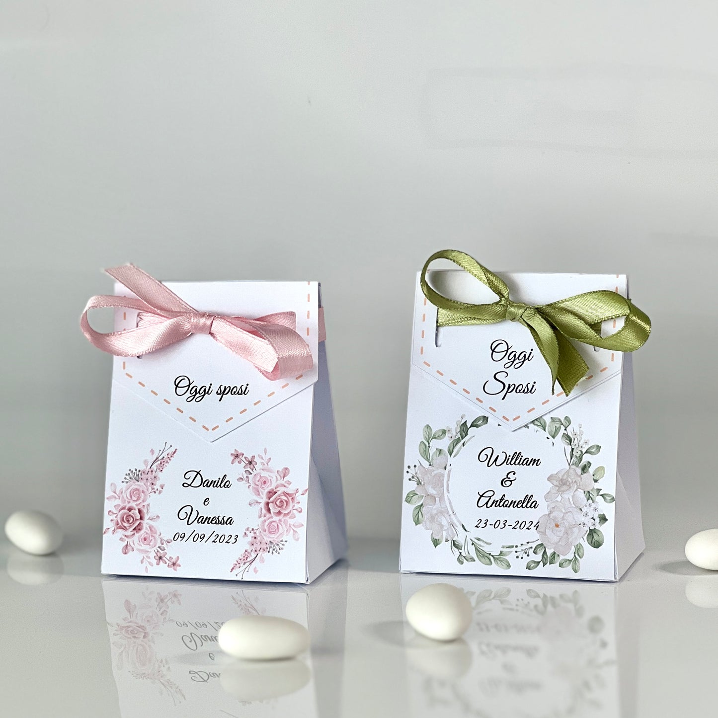 Scatolina Bag Matrimonio – Con Fiocco | 2 Grafiche Disponibili (Rosa & Salvia) | Perfetta per 5/7 Confetti - Bomboniera Matrimonio