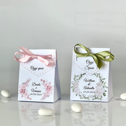 Scatolina Bag Matrimonio – Con Fiocco | 2 Grafiche Disponibili (Rosa & Salvia) | Perfetta per 5/7 Confetti - Bomboniera Matrimonio