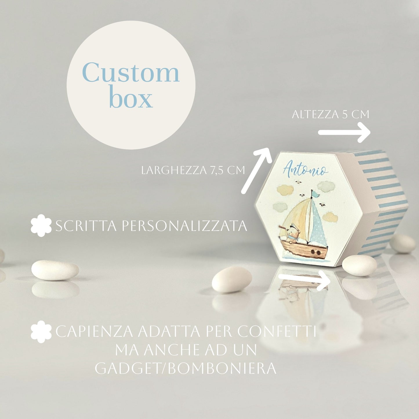 Scatolina porta confetti barca a vela | Bomboniera nascita bimbo personalizzata orsetto azzurro | Favor box handmade in Italy