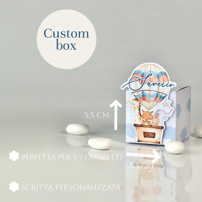 Scatolina Porta confetti per Nascita,cubo, Celeste, maschio, mongolfiera, Nuvoletta, personalizzata, per maggiori info in descrizione