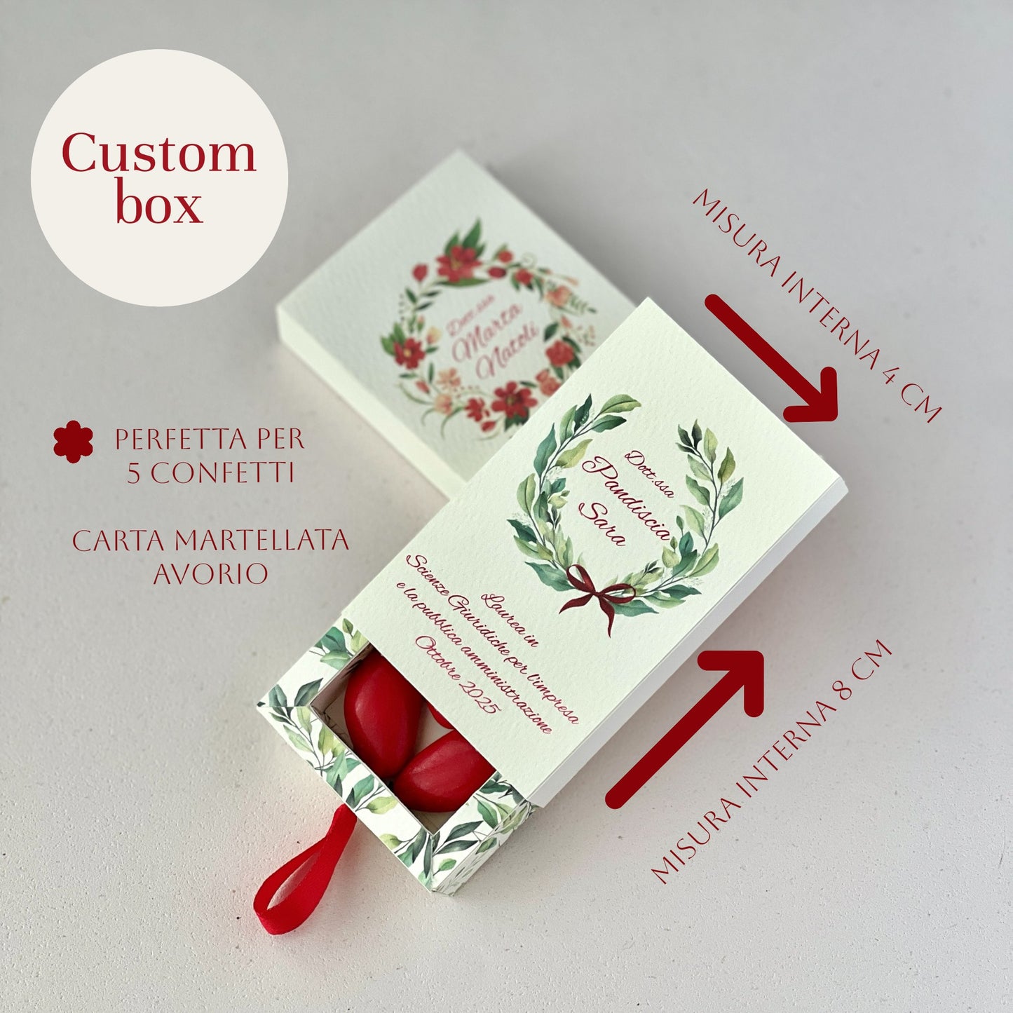 Scatolina porta confetti Laurea personalizzata | Corona d’Alloro verde o rossa | Bomboniera elegante per Dottorato e Laurea Triennale