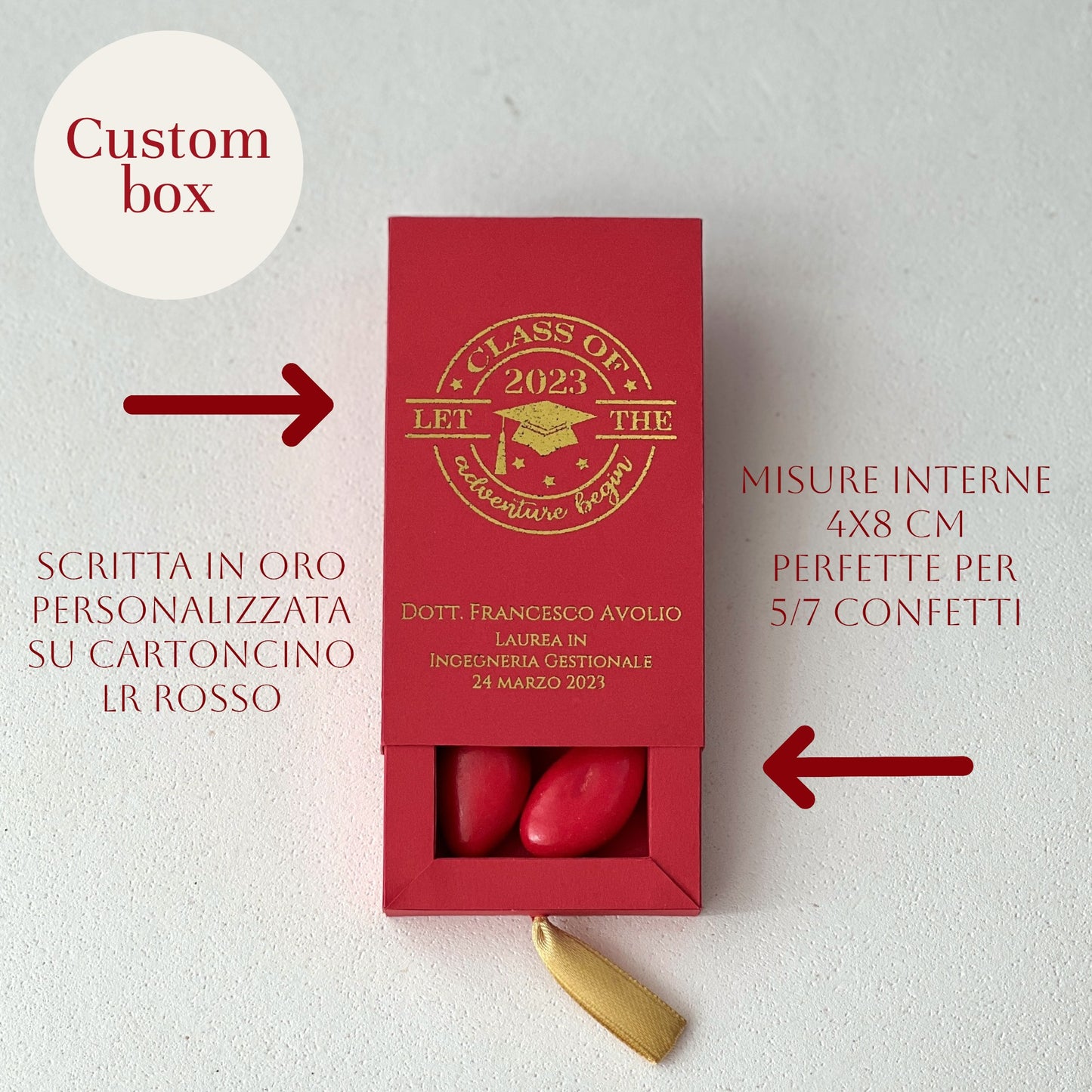 Scatolina Laurea Personalizzata a Cassetto • Rosso con Scritta Oro • Bomboniera Elegante • Portaconfetti 5/7 • Made in Italy
