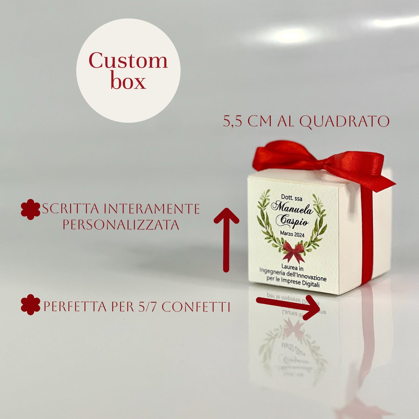 Scatolina Porta confetti Laurea Personalizzata a CUBO • Corona d’Alloro • Bomboniera Laurea con Fiocco Rosso • Made in Italy