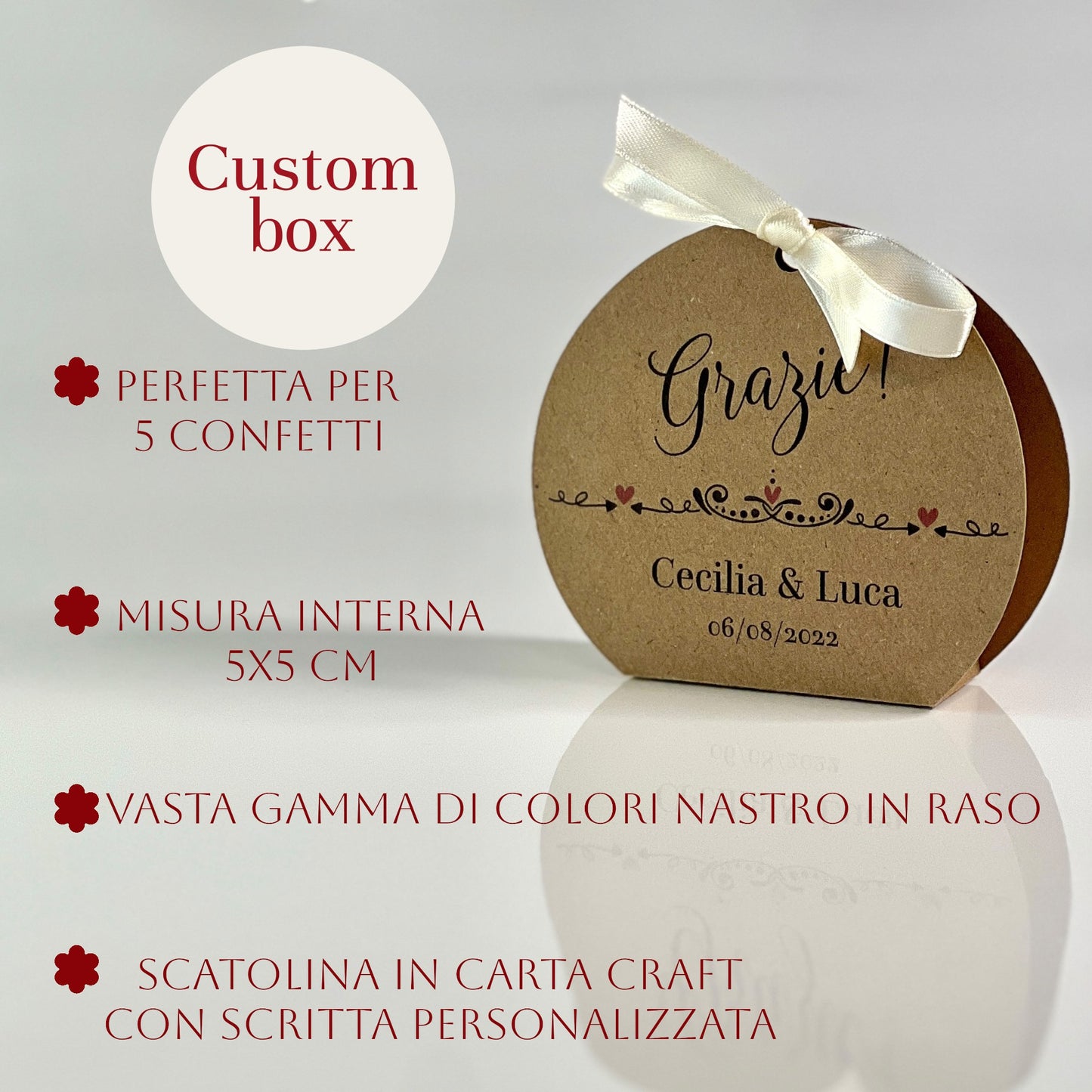 Scatolina Portaconfetti Rotonda Kraft Matrimonio Personalizzata • Bomboniera Rustica con Fiocco in Raso • 5 Confetti