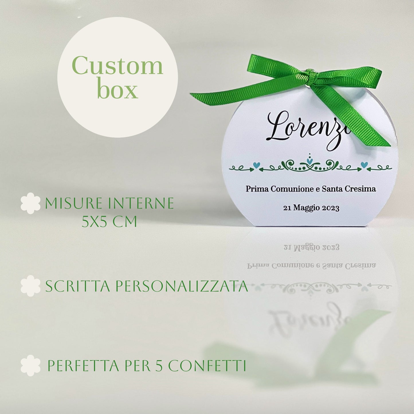 Scatolina Portaconfetti Rotonda Prima Comunione e Cresima Personalizzata • Bomboniera Verde con Fiocco in Raso • 5 Confetti