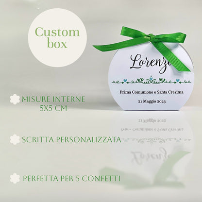 Scatolina Portaconfetti Rotonda Prima Comunione e Cresima Personalizzata • Bomboniera Verde con Fiocco in Raso • 5 Confetti