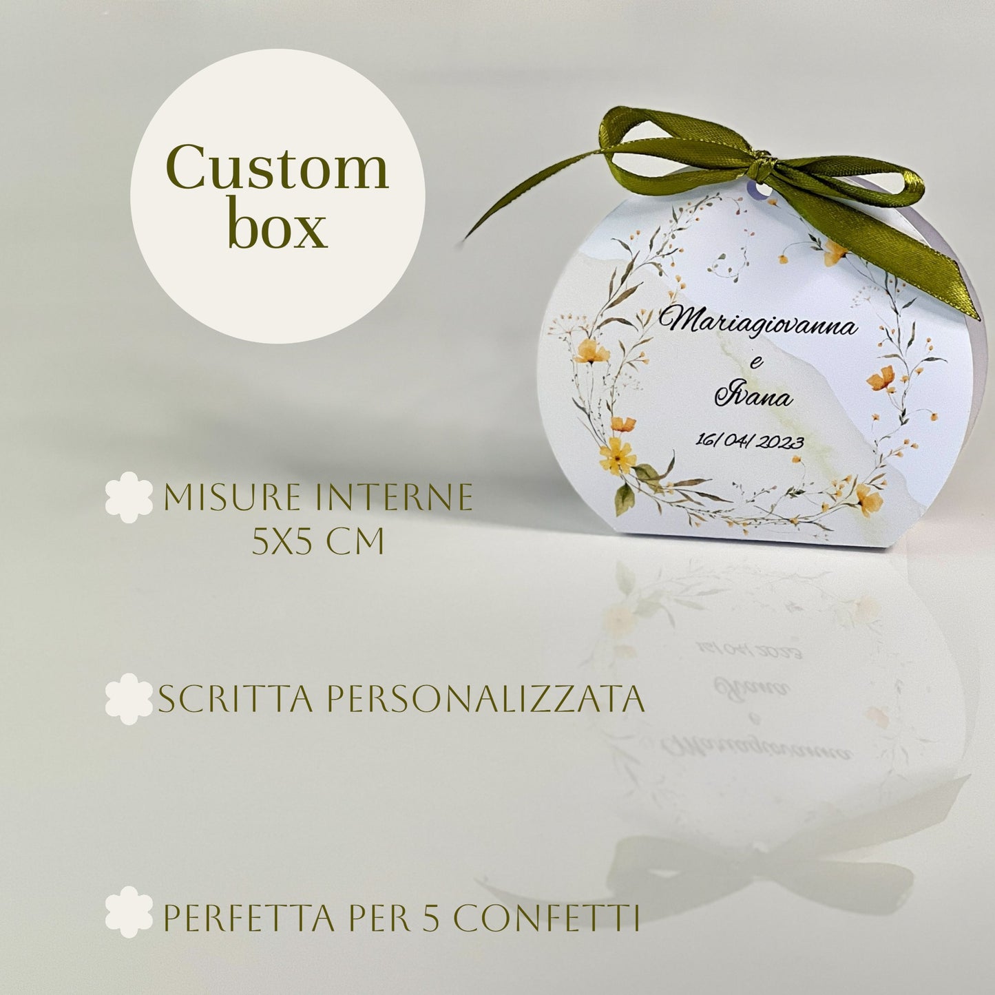 Scatolina Portaconfetti Rotonda Matrimonio Personalizzata Floreale Giallo o Colorato • Bomboniera Sposi • Fiocco in Raso •