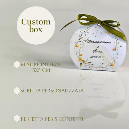 Scatolina Portaconfetti Rotonda Matrimonio Personalizzata Floreale Giallo o Colorato • Bomboniera Sposi • Fiocco in Raso •
