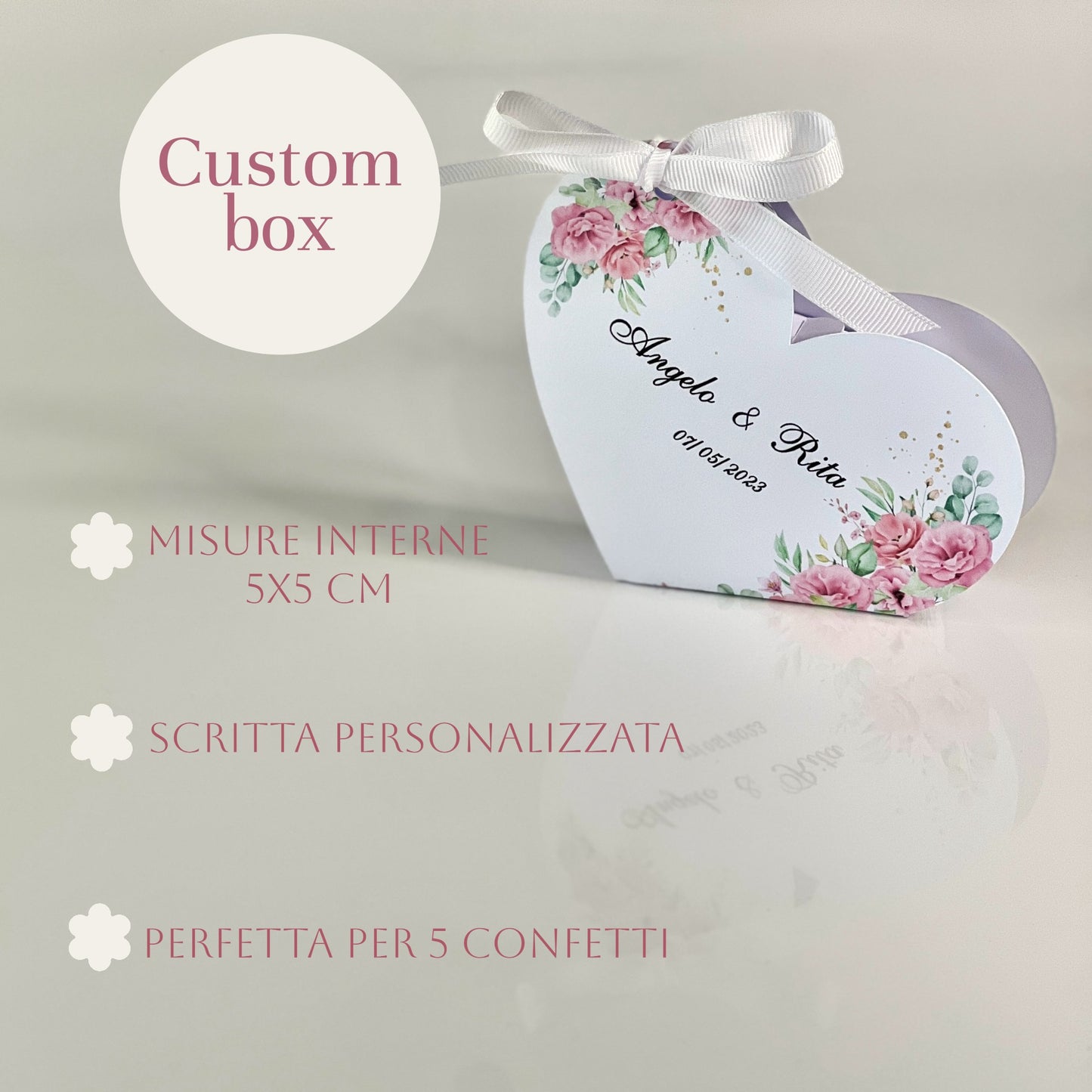 Scatolina Portaconfetti Cuore Matrimonio Personalizzata • Bomboniera Sposi • 5 Grafiche Floreali • Fiocco in Raso • Per 5 Confetti
