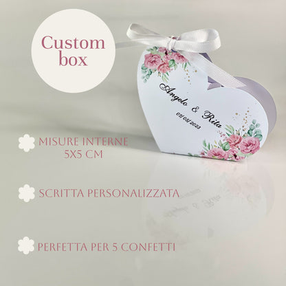 Scatolina Portaconfetti Cuore Matrimonio Personalizzata • Bomboniera Sposi • 5 Grafiche Floreali • Fiocco in Raso • Per 5 Confetti