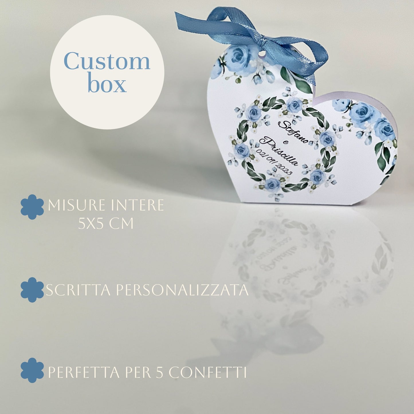 Scatolina Portaconfetti Cuore Personalizzata • Bomboniera Matrimonio/Comunione/Battesimo • 5 Grafica Florali • Fiocco in Raso • 5 Confetti