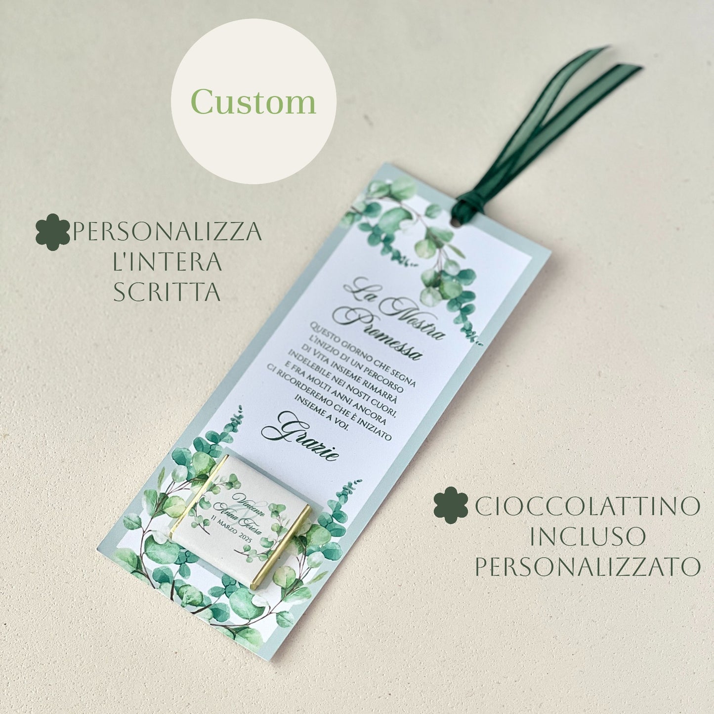 Segnaposto Promessa con Cioccolatino Personalizzato – Grafica Eucalipto – Testo Personalizzato – Bomboniera Matrimonio / Promessa Nozze