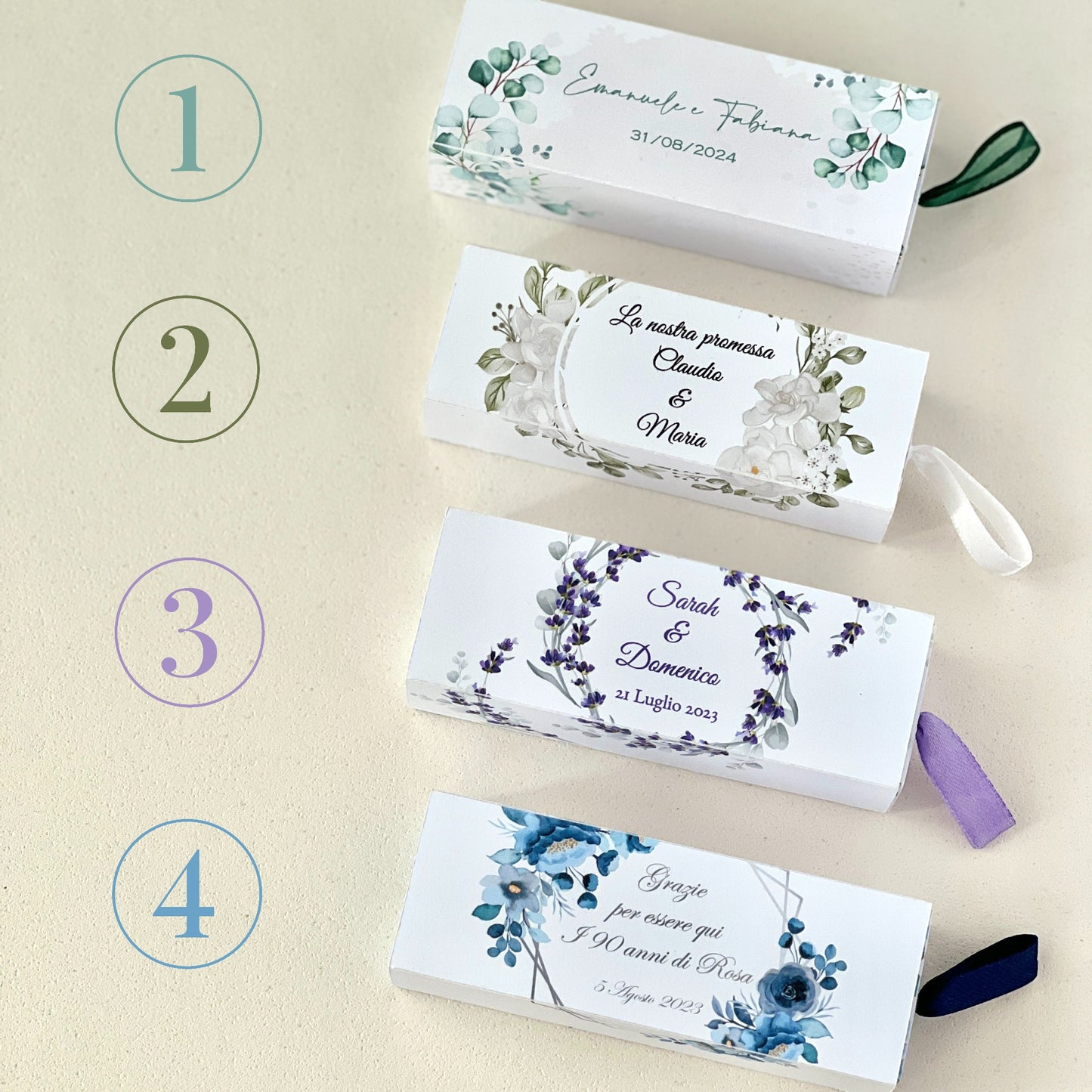 Scatolina Porta Confetti Fiammifero Personalizzata – 4 Grafiche Floreali – Bomboniera Matrimonio/Promessa – Nastro in Raso – Custom Box