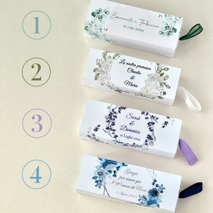 Scatolina Porta Confetti Fiammifero Personalizzata – 4 Grafiche Floreali – Bomboniera Matrimonio/Promessa – Nastro in Raso – Custom Box