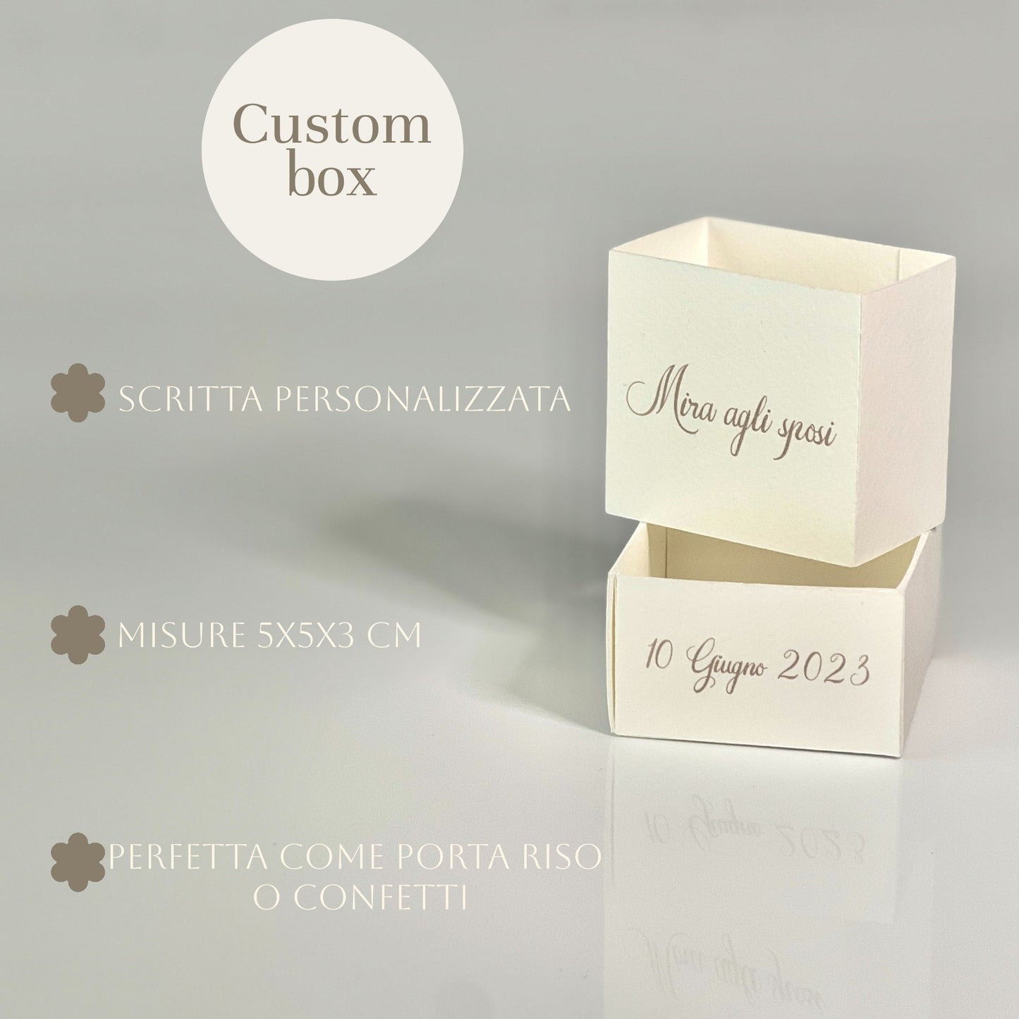 Scatolina Porta Riso/Confetti Avorio Martellato – Personalizzata con Nome & Data – Elegante per Matrimonio