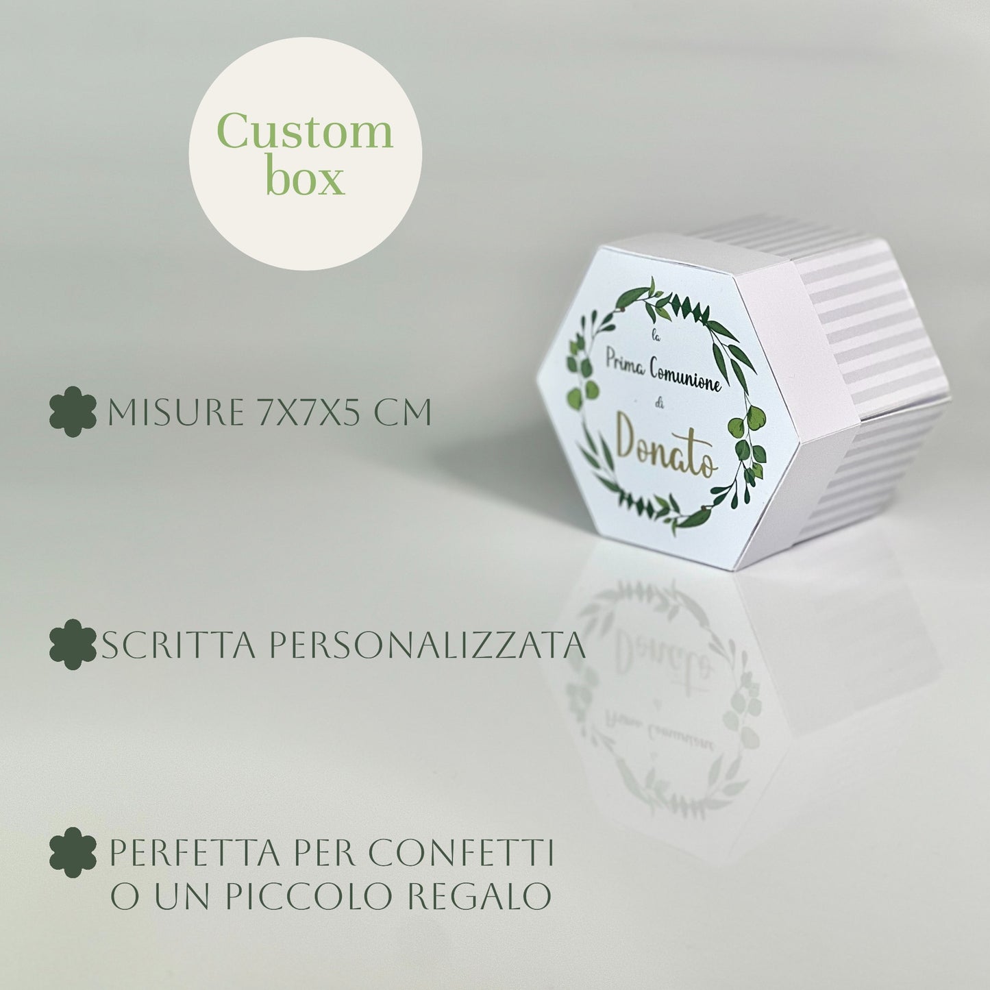 Scatolina Esagonale Personalizzata – Prima Comunione / Cresima – Box per Confetti o Regalo – Grafica Verde – 7x7x5 cm