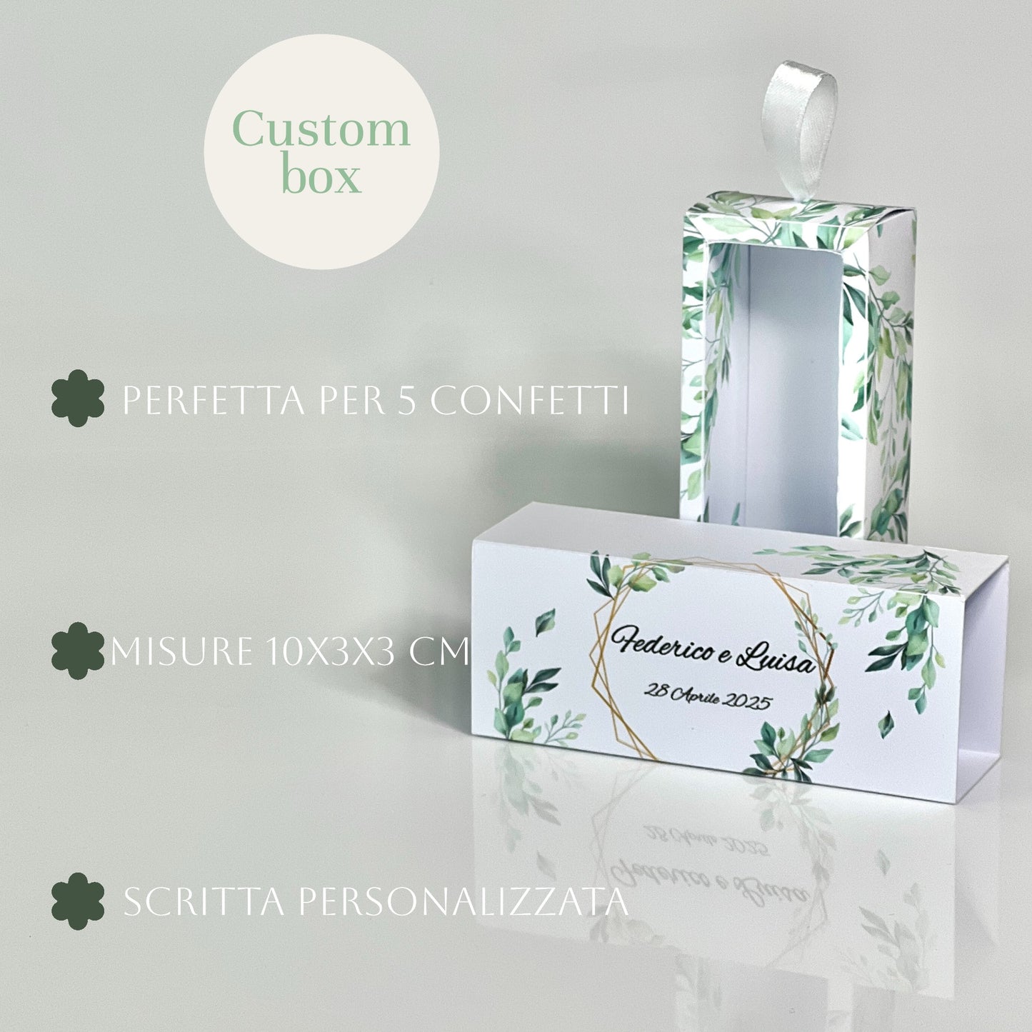 Scatolina Portaconfetti a Cassetto – Grafica Foglie Green – Personalizzata con Nomi & Data - Bomboniera Matrimonio