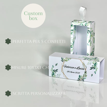 Scatolina Portaconfetti a Cassetto – Grafica Foglie Green – Personalizzata con Nomi & Data - Bomboniera Matrimonio