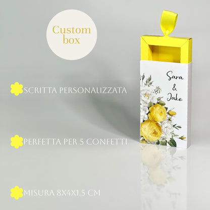 Scatolina Portaconfetti – Grafica Girasoli o Rose Gialle – Personalizzata con Nomi & Data - Bomboniera Matrimonio