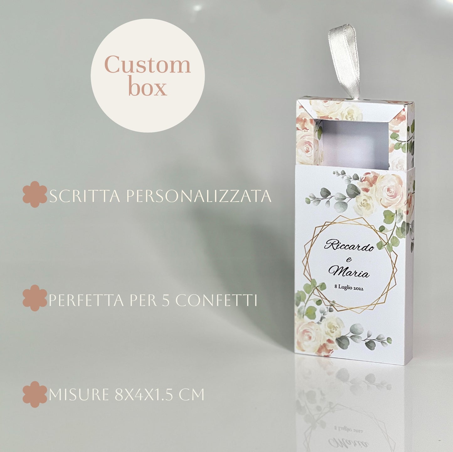 Scatolina Portaconfetti con Finestra – Grafica Floreale Elegante – Personalizzata con Nomi & Data