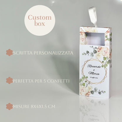 Scatolina Portaconfetti con Finestra – Grafica Floreale Elegante – Personalizzata con Nomi & Data