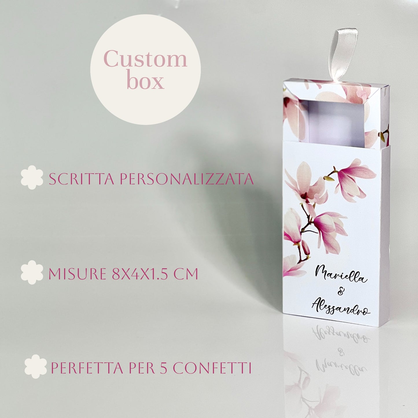 Scatolina Porta Confetti Personalizzata Matrimonio – 3 Grafiche Floreali a Scelta – Bomboniera Elegante con Nastro – Evento, Promessa, Nozze