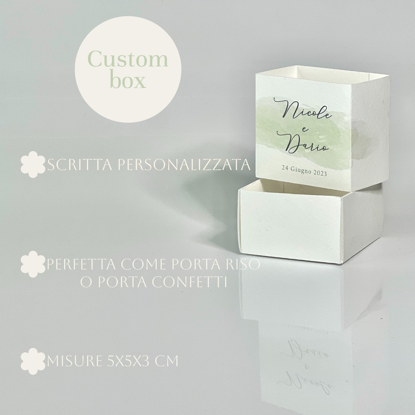 Scatolina Porta Riso/Confetti Avorio – Grafica Acquerello Verde o Celeste – Personalizzata per Matrimonio